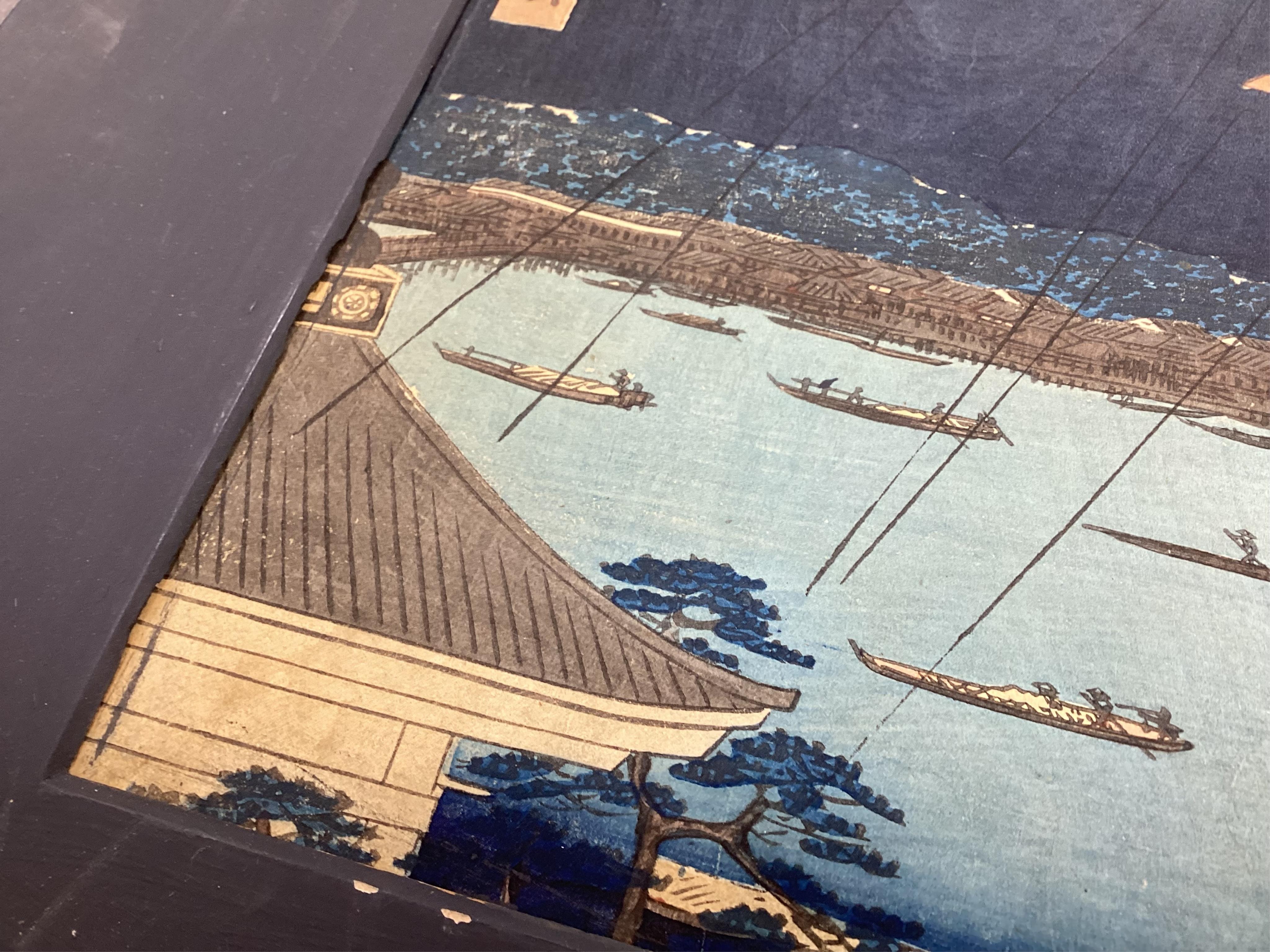 After Utagawa Hiroshige , Komagata Hall & Azumja Bridge and Ushimachi Takanawa, Two woodblock prints, 33.5cm x 22cm